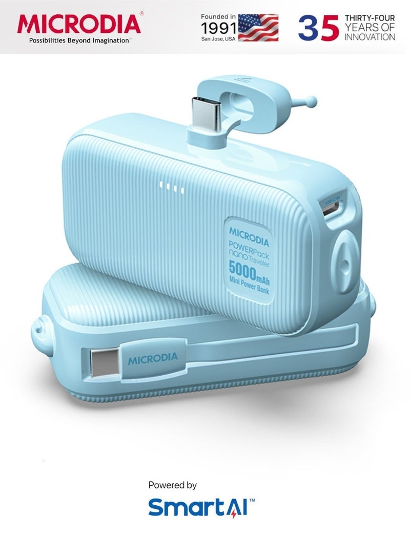 MICRODIA PowerPack 2-in-1 20W Mini Power Bank, Built-in USB-C Connector, 5000mAh – Compact Portable Charger for iPhone 15 Pro Max, Samsung S24 Ultra, etc – Blue - Image 1